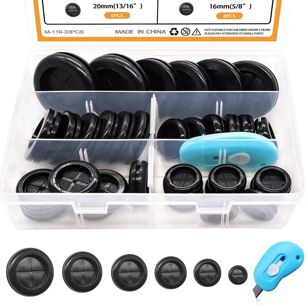 mankk 33Pcs Rubber Grommet Kit 6 Size (5/8" 13/16" 7/8" 1" 1-3/16" 1-1/2") Drill Hole Round Double Sided Rubber Hole Plug with Retractable Box Knife for Protecting Cable Wire M-119-33PCS