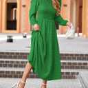 dowerme Women's Dresses 2026 Spring Puff Long Sleeve Crewneck Smocked Tiered Flowy A-Line Boho Wedding Party Maxi Dress (M)