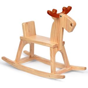 Kid Wooden Rocking Horse, Baby Ride On Toy Rocker for Toddler, Rocking Reindeer w/backrest Ideal Birthday Christmas/Birthday Gift for Boys & Girls (Natural)