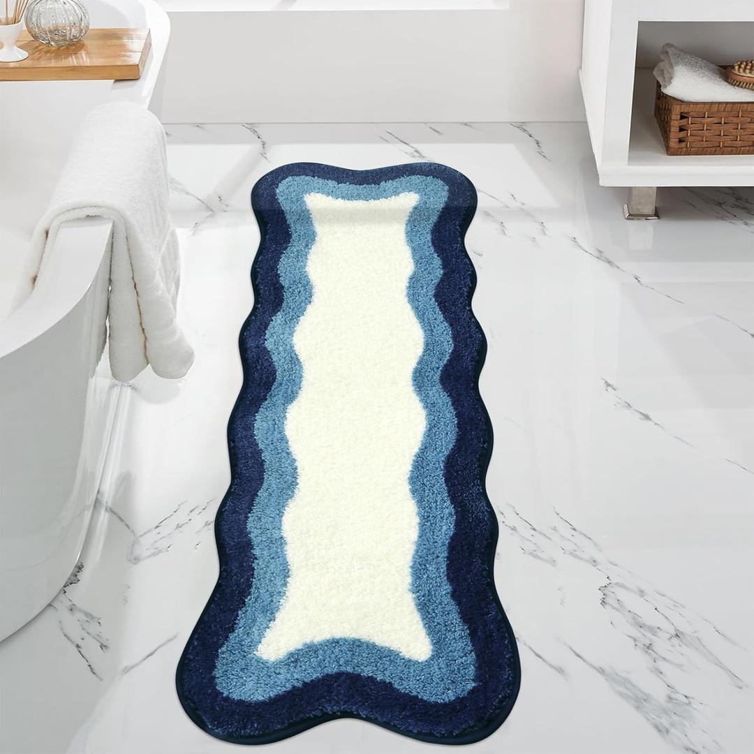 HAOCOO Bathroom Runner Rug 18x47 inch, Luxury Soft Non-Slip Long Bath Mat, Microfiber Machine Washable Blue Rug Runner Floor Mats for Bath Sink Tub Shower (3'11" x 1'6" (Irregular))