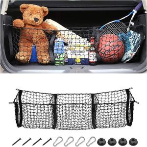Cargo Net for Car, Expandable 3 Pocket Heavy-Duty Cargo Net Organizer, Black Mesh Storage Pocket with 4 Metal Carabiners Universal for Car, SUV, Pickup Truck, Van Trunk Bed