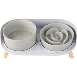 Elevated Slow Feeder Dog Bowls - Ceramic Food and Water Bowl Set with Stand - Raised Pet Dishes for Small and Medium Sized Dogs (Grey)