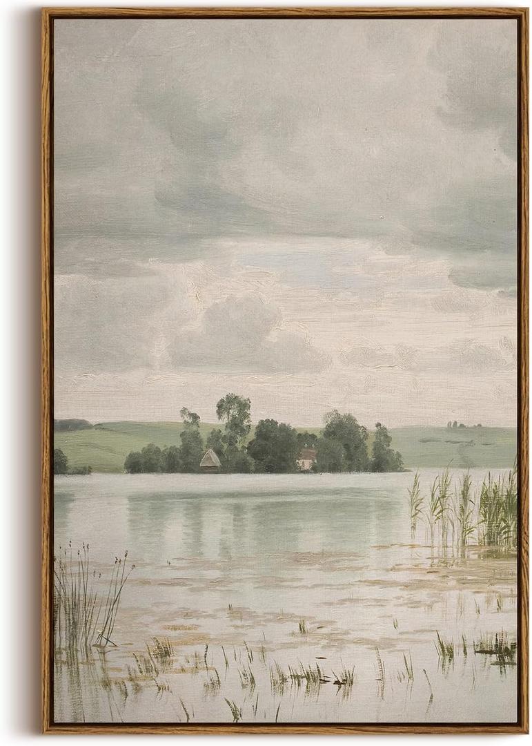 InSimSea Framed Canvas Prints Art Vintage Decor, Countryside Lakeside Landscape Paintings, Large Prints, Vintage Retro Hanging Wall Decorations for Bathroom Bedroom Living Room, 20"x30"