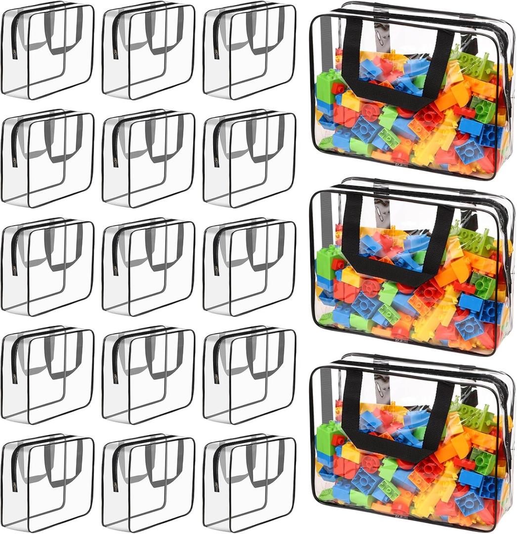 18 Packs Large Toy Storage Bags with Labels, Waterproof Clear Pvc Storage Bags for Toys, Travel Organizer Bags with Zipper Closure for Puzzles, Building Blocks, Kids' Books (BLACK)