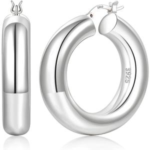 YOUNGYUE 8mm Chunky Gold Hoop Earrings Hypoallergenic 925 Sterling Silver Hollow Tube Hoop Earring Lightweight 14K Real GoldPlated Thick Gold Hoops Earring for Women 30/40/50mm