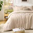 7 Pieces Bow Tufted Boho Comforter Set Khaki Farmhouse Shabby Chic Embroidered Bedding for All Seasons King Size with Comforter Sheets Pillowcases Shams