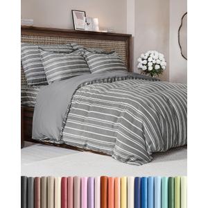 Duvet Cover Queen Size - Extra Soft Queen Size Duvet Cover - Lightweight, Breathable, Easy Care & Fade Free w/ Zipper Closures & Ties - 90" x 90" Inches - (Grey Stripes 3) Comforter Not Included