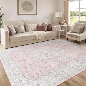 LIVEBOX Pink 8x10 Area Rug for Bedroom Girls, Boho Washable Rugs for Living Room Nursery, Non-Slip Indoor Soft Carpet Low-Pile Farmhouse Carpets for Dining Room Kids Playroom, Pink