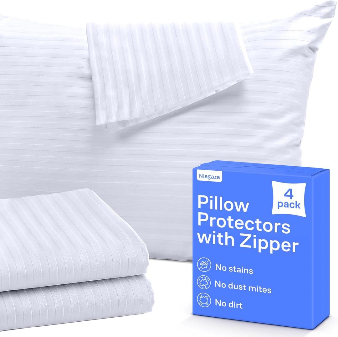 Ultra Soft Pillows and Protectors with Zipper Standard Size - Set of 2 Breathable Pillow Covers - 100% Protection Against Stains, Dust & Dirt - Machine Washable Cushion, 24x24x4 In and pillow 24x20 In with black covers