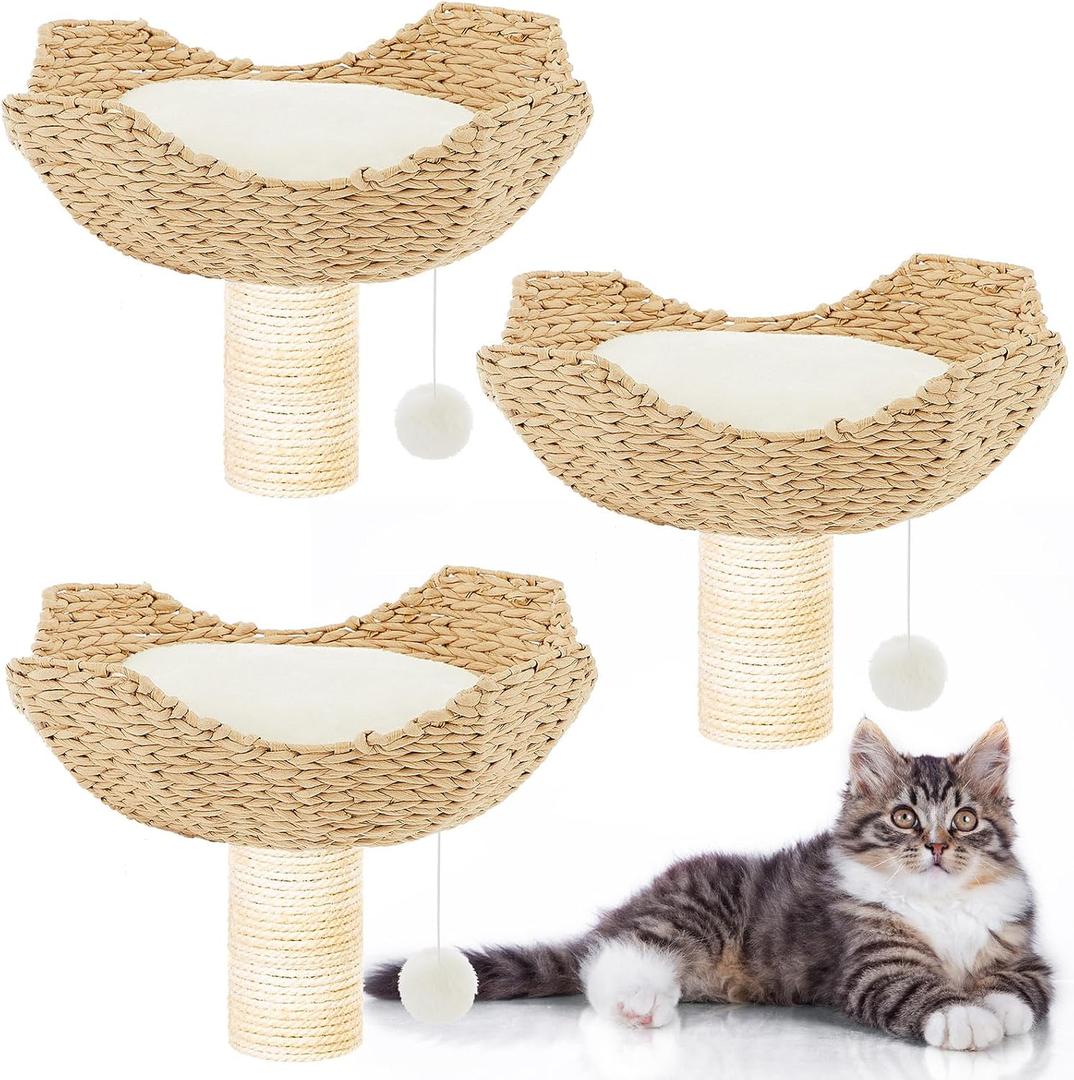 Dansydaisy 3 Set 18" Cat Tree Tower Replacement Parts Add ons Accessories Set Wicker Basket Beds Rattan Cat Tree Handwoven Rope Nest Bowl Screws Bottom Plate with Furry Balls and Soft Cushion