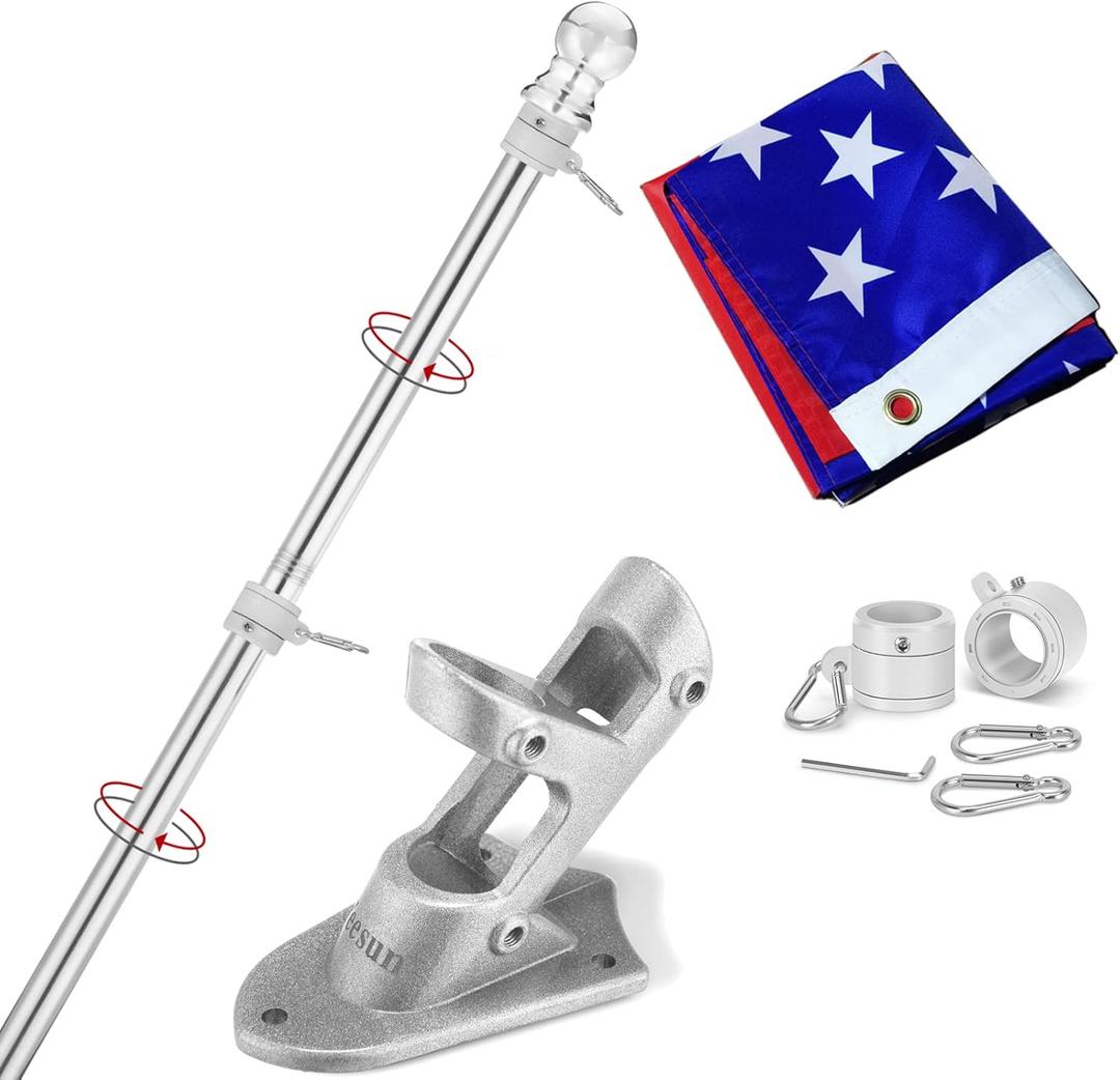 Flag Pole for House with 3x5 American Flag, 6 FT Wall Mount Flag pole with Bracket for Home Porch,Outdoor deco.Residential or Commerical Tangle Free Flag Pole Kit (Silver) Flag Pole for House with 3x5 American Flag, 6 FT Wall Mount Flag pole with Bracket for Home Porch,Outdoor deco.Residential or Commerical Tangle Free Flag Pole Kit (Silver)