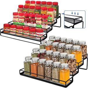 Spice Rack Organizer for Cabinet, 4 Tier Seasoning Organizer, Expandable Shelf,Step Storage Holder, Kitchen Cabinet Countertop,with Protection Railing, Metal (Black,4 Tier,2Pack) (4 Tier + 4 Tier, Black)