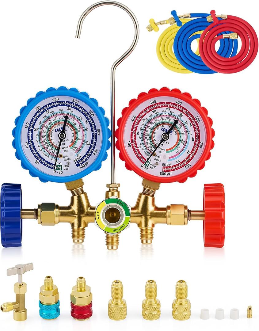 Orion Motor Tech Automotive AC Gauge Set, 3 Way AC Manifold Gauge Set for R134a R410a R22 R404a Refrigerant with Teflon Tape Rubber Casing R134a Couplers Piercing Can Tap R410a Adapters 29 Adapter