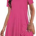 JOLIGAL Summer Dresses for Women Casual Short Sleeve Sundress Scoop Neck Beach T Shirt Dress with Pockets(Deep Pink, L)