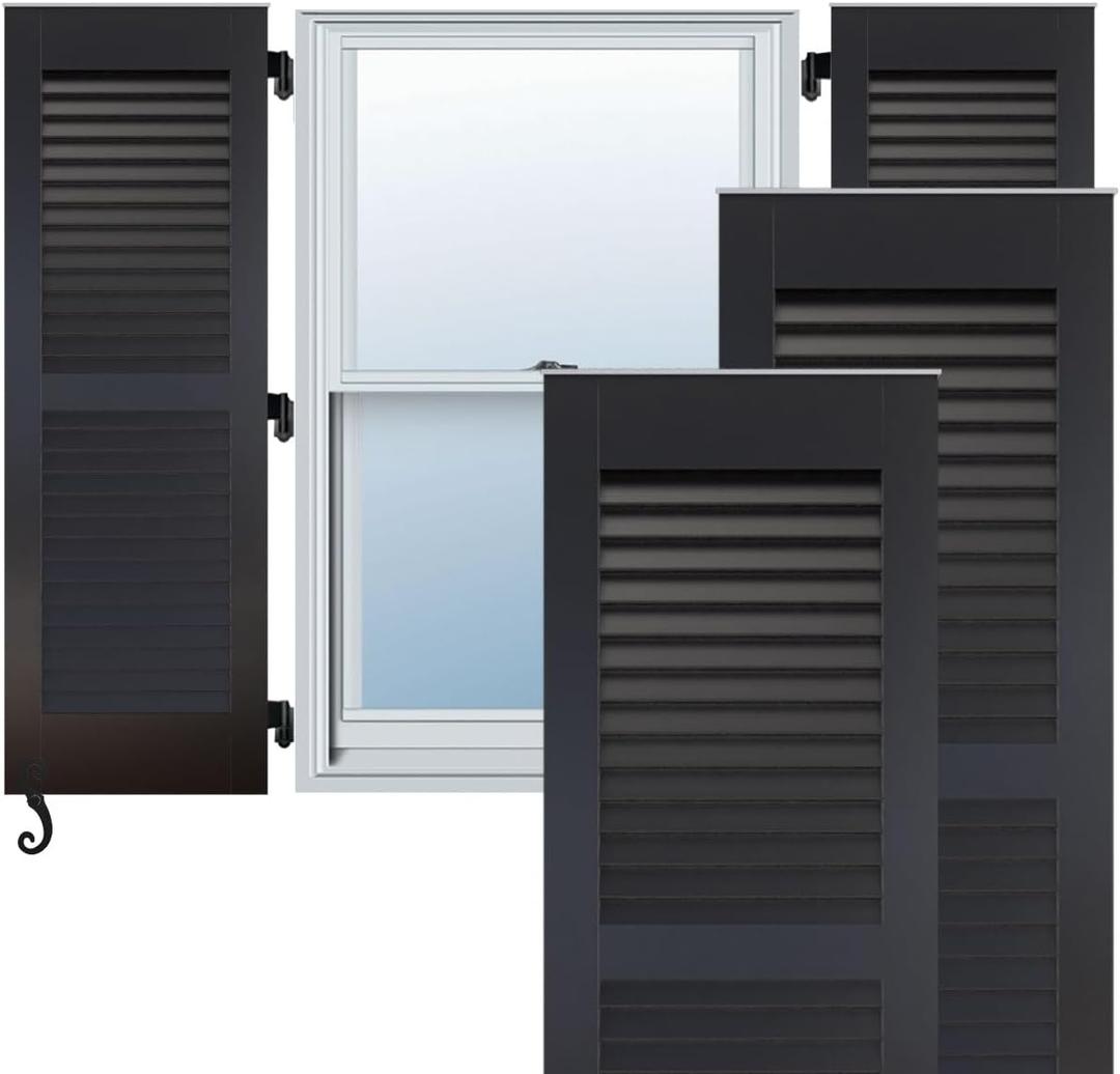 18"W x 51"H Americraft Two Equal Louver Exterior Real Wood Shutters (Per Pair), Black, 18-in. W x 51-in. H
