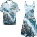 Dreaweet Summer Dresses for Women A-Line Sleeveless Flowy Sun Dresses,Men's Casual Button-Down Shirts,Couple Matching Outfits (Blue, M)