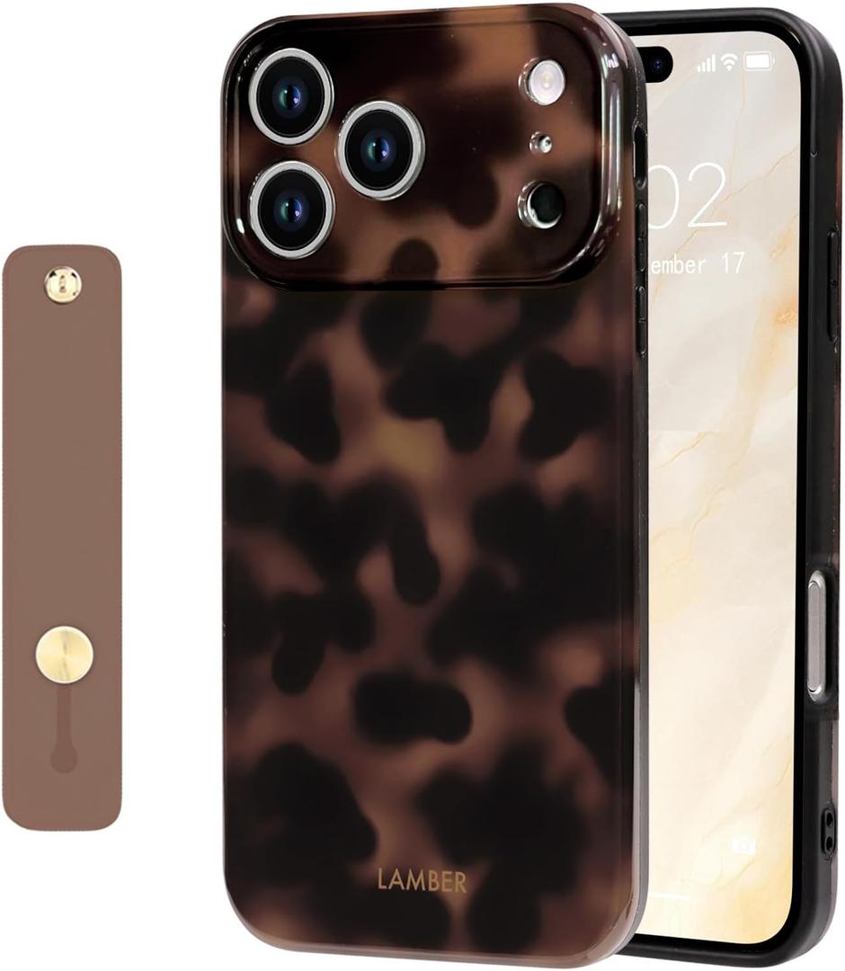 NITITOP Compatible for iPhone 17 Pro Max Case with Wrist Strap Cute Stylish Leopard Print Amber Tortoise for Women Girls Men Soft TPU Shockproof Protective Cover - Brown