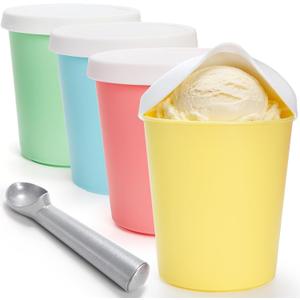 4 Pack Ice Cream Containers, 1 Quart Reusable Freezer Storage Tubs with Silicone Lids Spoon, Ice Cream Pint BPA-Free Yogurt Containers for Homemade Sorbet, Dishwasher Safe