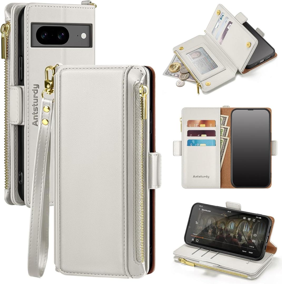 Antsturdy Compatible with Google Pixel 8 Wallet Case with Card Holder Women Men Phone Case RFID Blocking PU Leather Kickstand Flip Protective Cover Wrist Strap Zipper Credit Card Slots,Beige Antsturdy Compatible with Google Pixel 8 Wallet Case with Card Holder Women Men Phone Case RFID Blocking PU Leather Kickstand Flip Protective Cover Wrist Strap Zipper Credit Card Slots,Beige