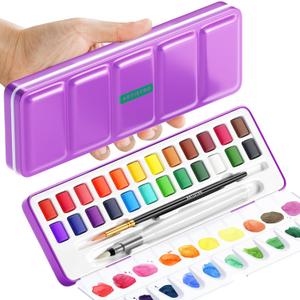 ARTISTRO Watercolor Paint Set 24 Colors, Travel Watercolor Set in Portable Box, Mini Water Colors Paint for Artists, Beginners, Amateur Hobbyists
