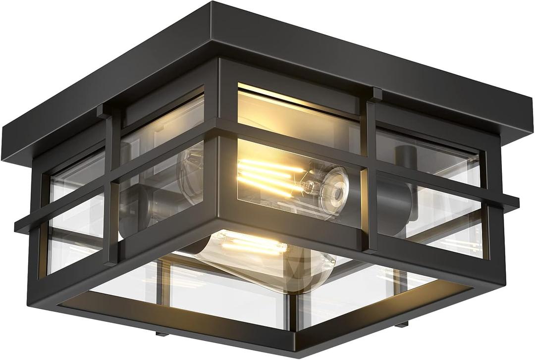 Asnxcju Modern Outdoor Ceiling Light Fixtures, 2-Light Black Flush Mount Light Fixtures with Clear Glass Shade, Farmhouse Square Ceiling Lighting for Porch Bathroom Kitchen (Bulbs Not Included)