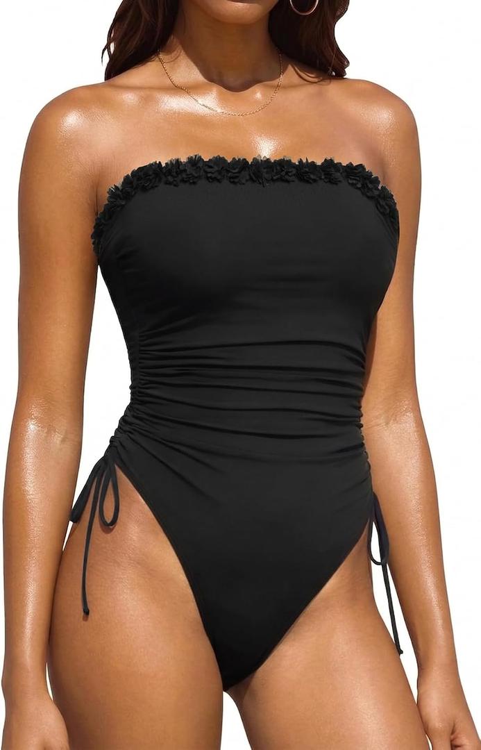 Women Strapless One Piece Swimsuit - Bandeau Tummy Control Bathing Suit | Removable pads and straps, Cheeky Bottom, Slim midsection via front folds, High thigh arch for a tall look (Black, XL)