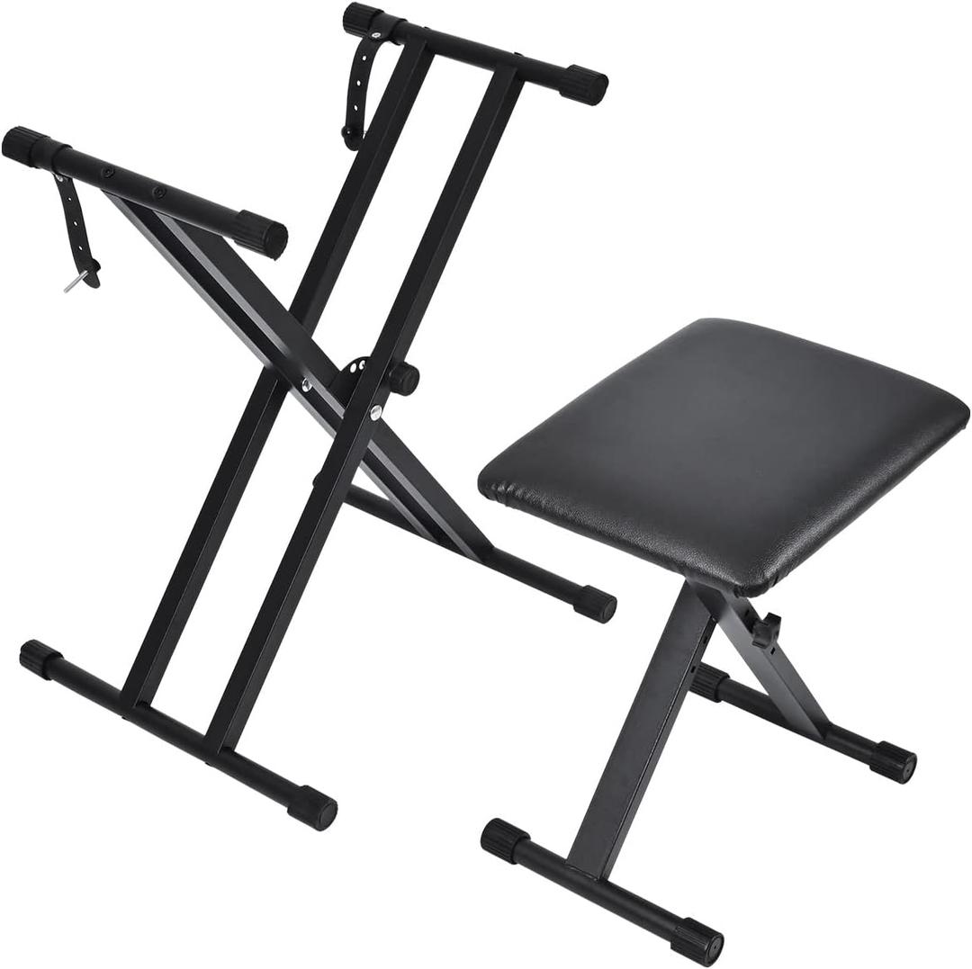 Keyboard Stand & Bench Set, Upgrade Heavy Duty Double-X Keyboard Stand, Adjustable & Portable Digital Piano Stand with Locking Straps