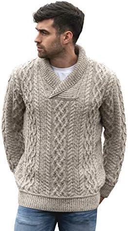 Aran Crafts Men's Soft Irish Cable Knit Shawl Collar Sweater (100% Merino Wool) Color :Oatmeal, Size: XL