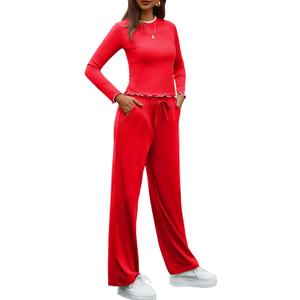 Gargenwed Women's Two-Piece Lounge Set, Long Sleeve Top and Wide Leg Pants with Pocket Casual Comfort Outfit (Red)