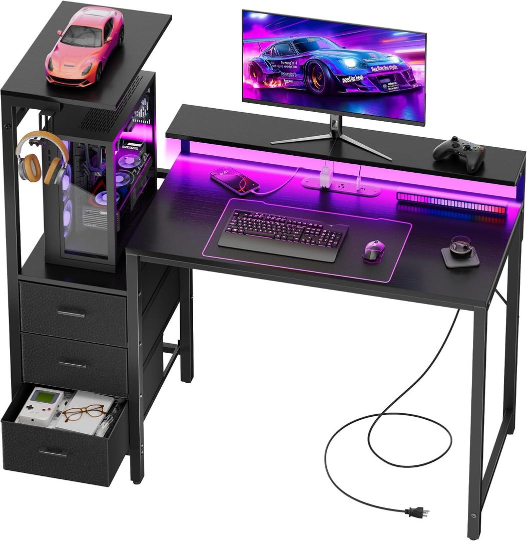 HLDIRECT 44 Inch Gaming Desk with Power Outlets & LED Lights, Black