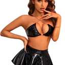FYMNSI Women Rave Outfits Halloween Musical Festival Costume PU Leather Lingerie Bra Briefs Skirt Headband for Party Dancing (Black, S)