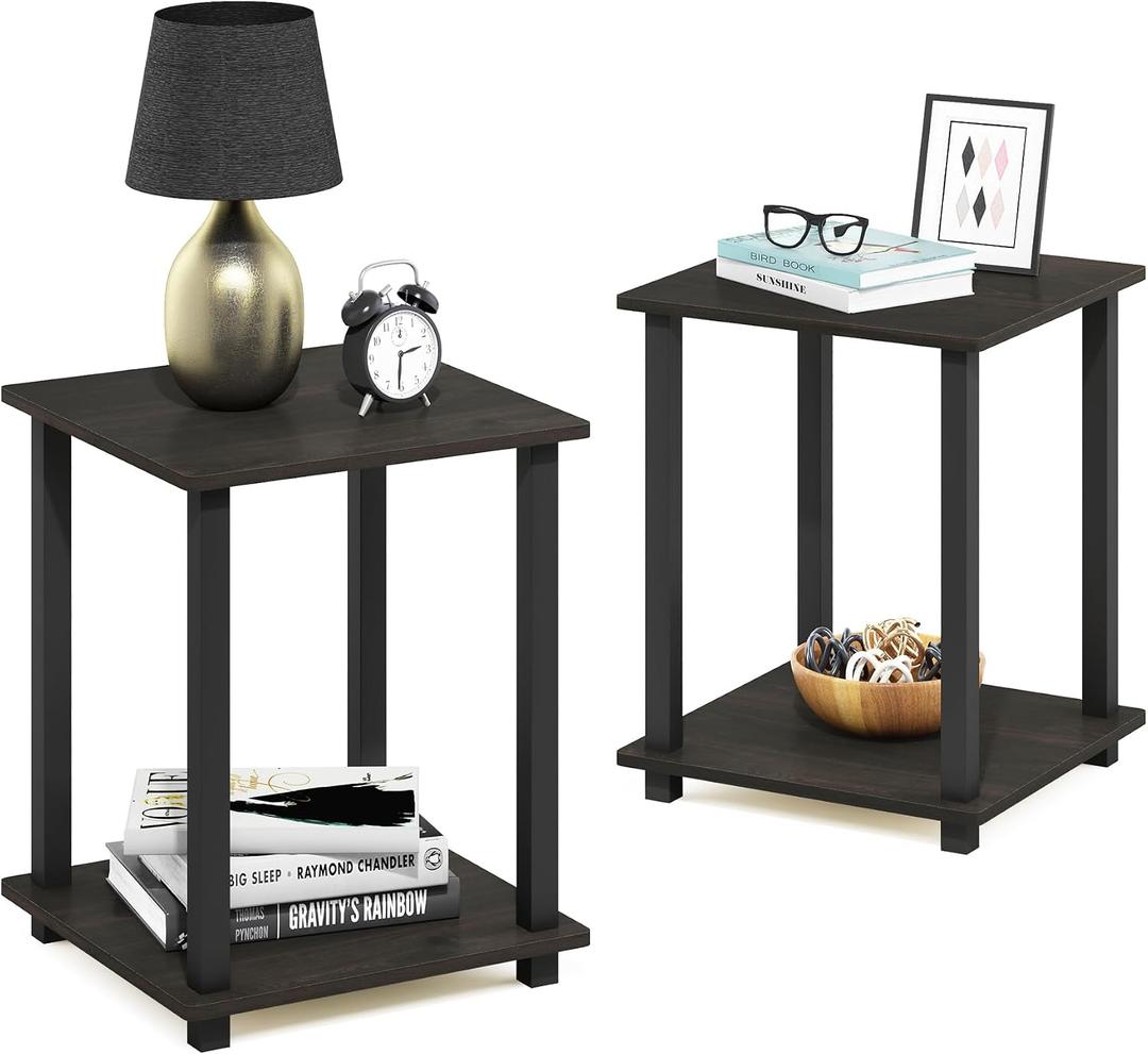 Furinno SIMPLISTIC Side Table Set of 2, 2-Tier Square Modern End Table, Nightstand, Night Stand, Bedside Table, Toolless Assembly, for Living Room, Bedroom, Espresso, 2-Pack, Plastic Pole