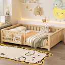 Bellemave Light Natural Montessori Floor Bed with Fence and Slats, Full Size Montessori Floor Bed with Bookcase and High Rails, Easy Assemble Bed Frame for Girls, Boys, Full