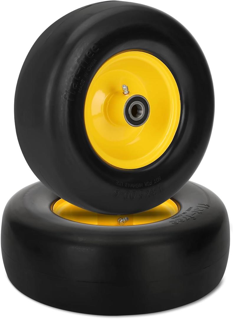 2 Pcs Upgrade 13x5.00-6 Flat Free Lawn Mower Tire and Wheel with 3/4" Chrome Steel Bearings, Zero Turn Mower Front Solid Tire Assembly for Commercial Grade Lawn, Garden Turf, 4.2"-5.2" Centered Hub (Yellow)