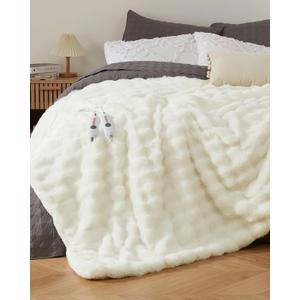 GarveeHome Heated Blanket Queen, Dual Control Faux Fur Electric Blanket with 4 Heat Settings, Soft Bubble Blanket with 8 Hour Auto-Off & Overheat Protection, for Gifts Home Couch or Bed, White