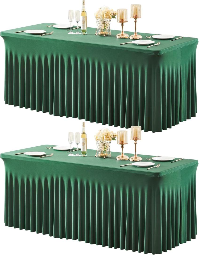 GEWONELIFE 2 Pack Dark Green 6FT Rectangle Spandex Tablecloths, Stretch Fitted Table Covers for 6 Foot Tables, Wrinkle Free Table Clothes for Christmas Party Holiday Wedding Banquet Dinner Decoration