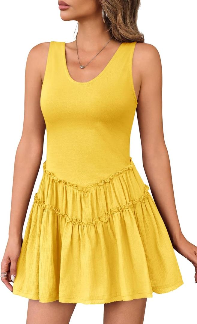 Wenrine Womens Summer Sleeveless Mini Dress Casual Patchwork Scoop Neck Ruffle Tiered Tank Dresses
