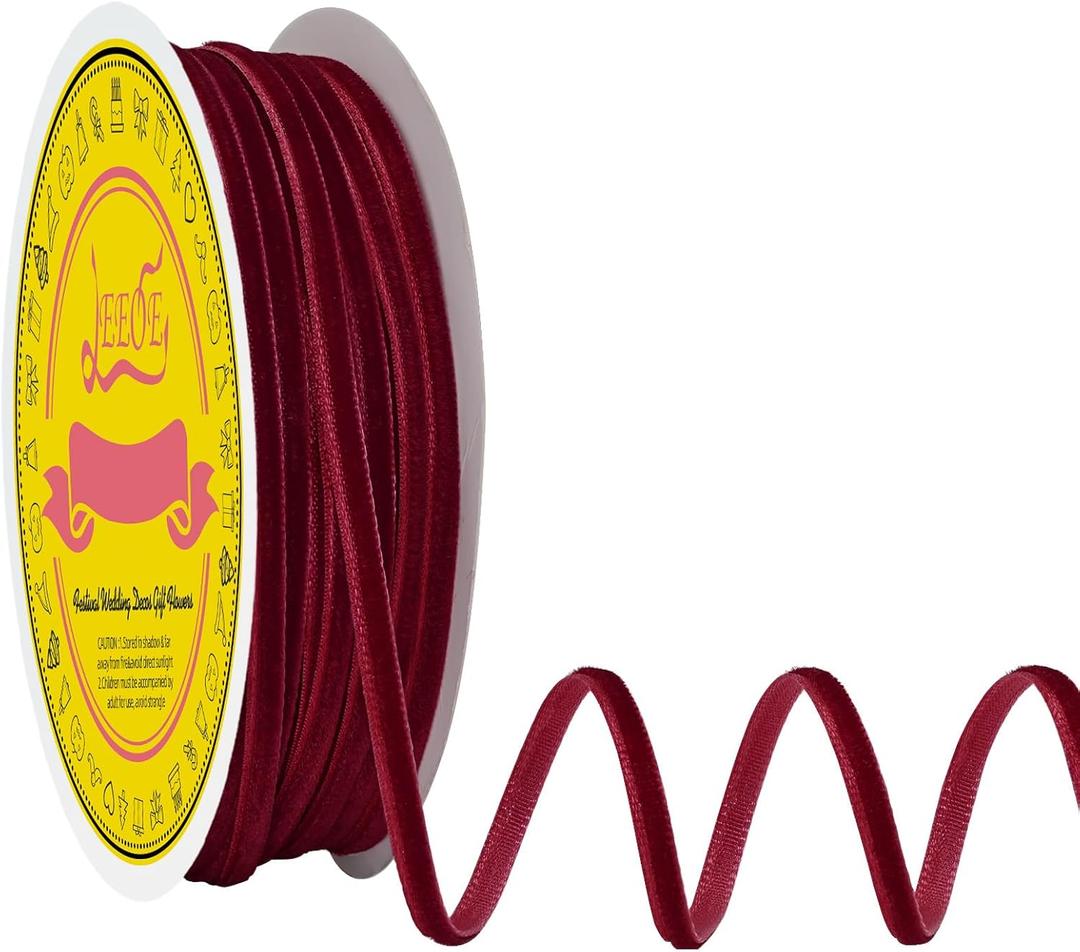 Burgundy Velvet Ribbon 1/8 Inch X 50 Yards Spool Fabric for Christmas Wreath Decoration Handmade Craft Ornaments Gift Wrapping & Bow Making