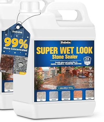 Super Wet Look Stone Sealer 1 Gallon [2025 Upgarde]–Durable & Long-Lasting Protection, High Gloss Finish for Patios, Driveways, Pavers, Interior & Exterior Color Enhancement & Easy Maintenance