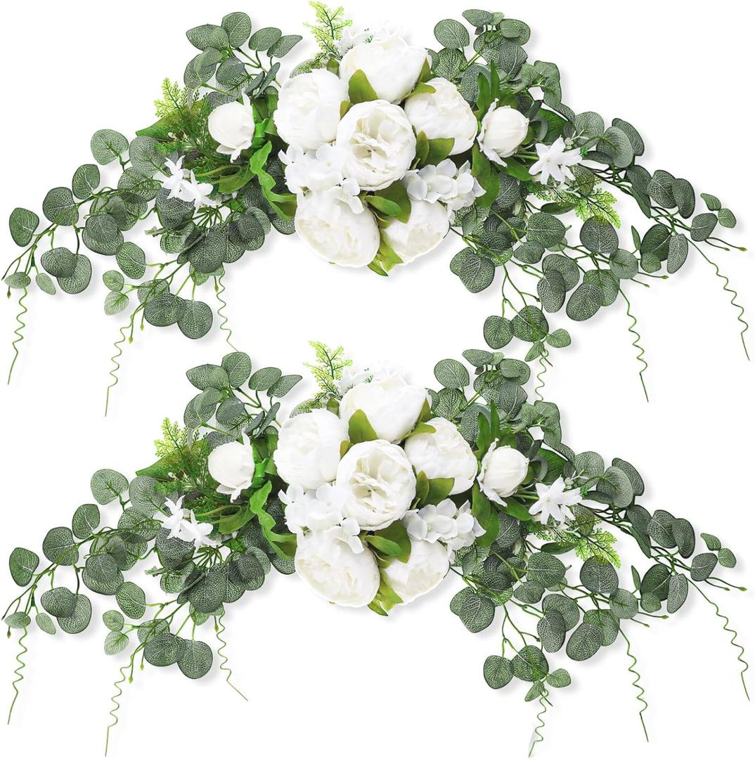 2 Pcs Floral Wedding Arch 30 Inch Rustic Artificial Flowers Swag Garland with Peonies Eucalyptus Leaves for Wedding Arrangement Table Centerpiece Ceremony Backdrop Party Decor(White)