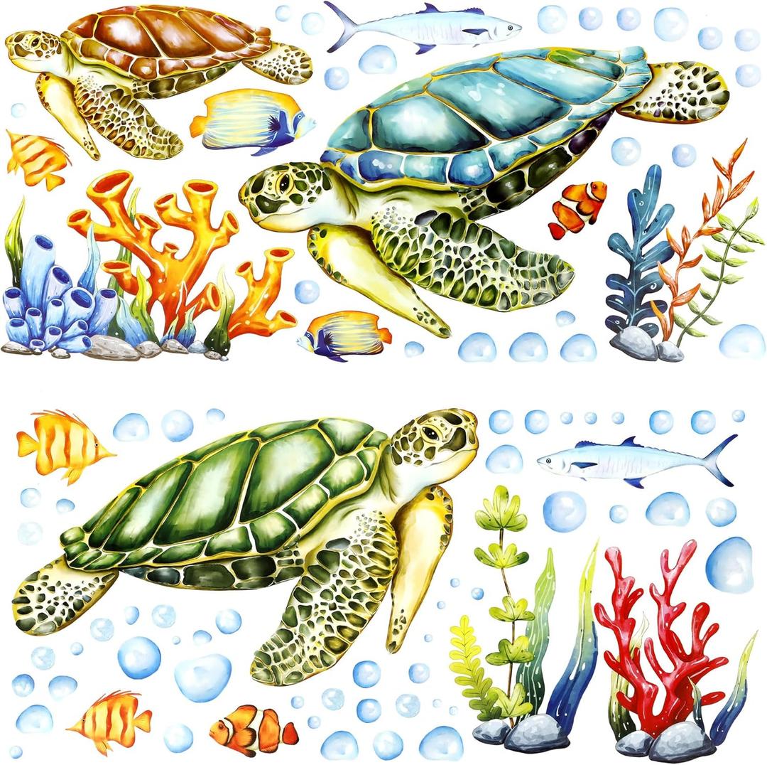 Sea Turtle Decor, Large 3D Vinyl Wall Stickers, Ocean Wall Decals for Bathroom, Bedroom, Living Room, Under The Sea Party Decorations