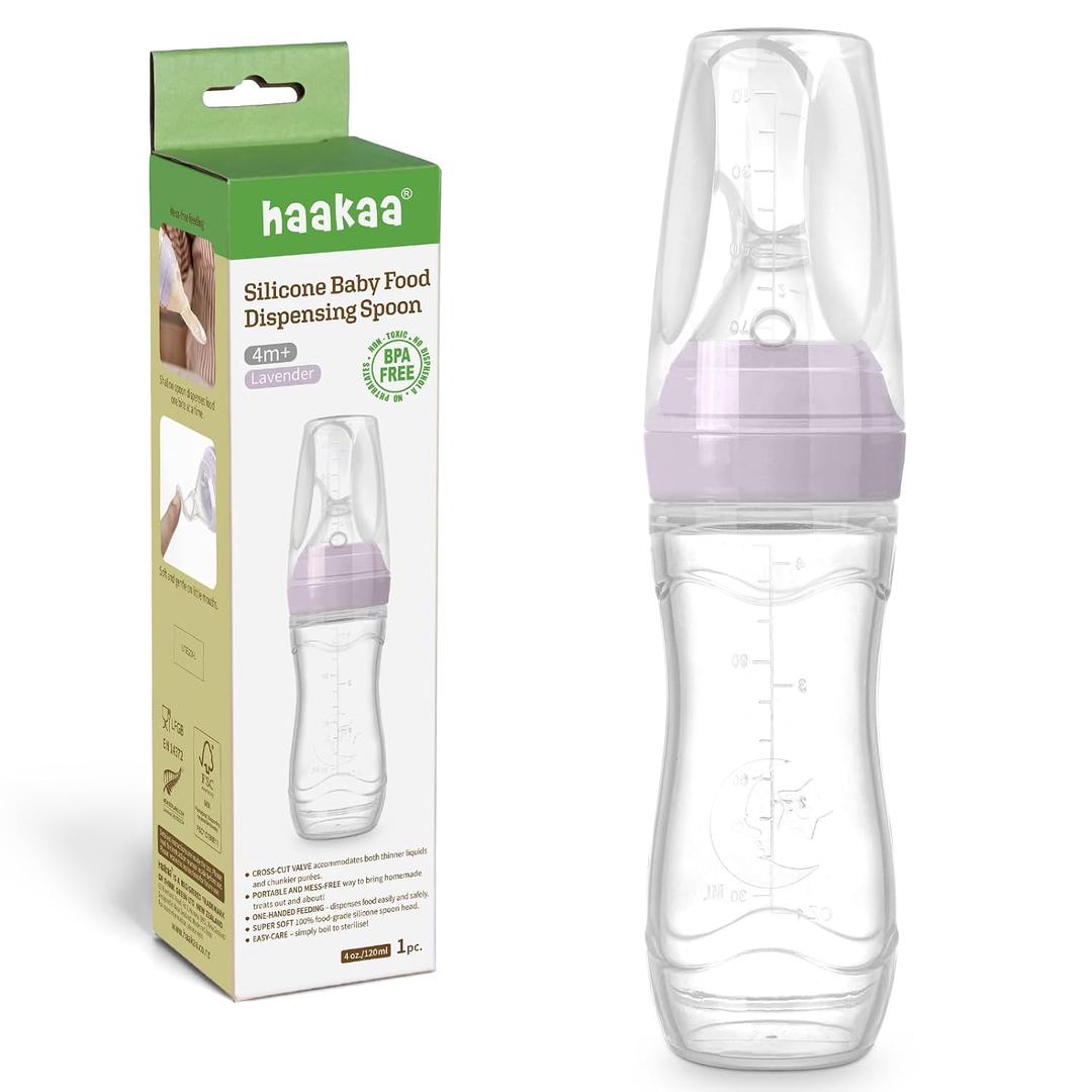 Haakaa Silicone Baby Food Dispensing Spoon Feeder 4oz - Infant Squeeze Cereal Feeder, Baby Fresh Food Feeder, Feed Bottle for Puree, Solid Baby Food, BPA Free, 4m+ Babies Lavender