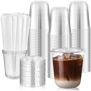 100 Pack 12 oz Round Bottom Clear Plastic Cups with Lids and Straws, Disposable Iced Coffee Cups To Go Cups for Cold Drinks, Smoothie, Juice, Milkshake