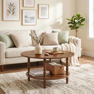 HOOBRO Coffee Table, 2-Tier Round Coffee Table, Mid-Century Modern Coffee Table for Living Room, Center Table with 2-Tier Open Storage Shelf, Home Office, Walnut WL75KF01