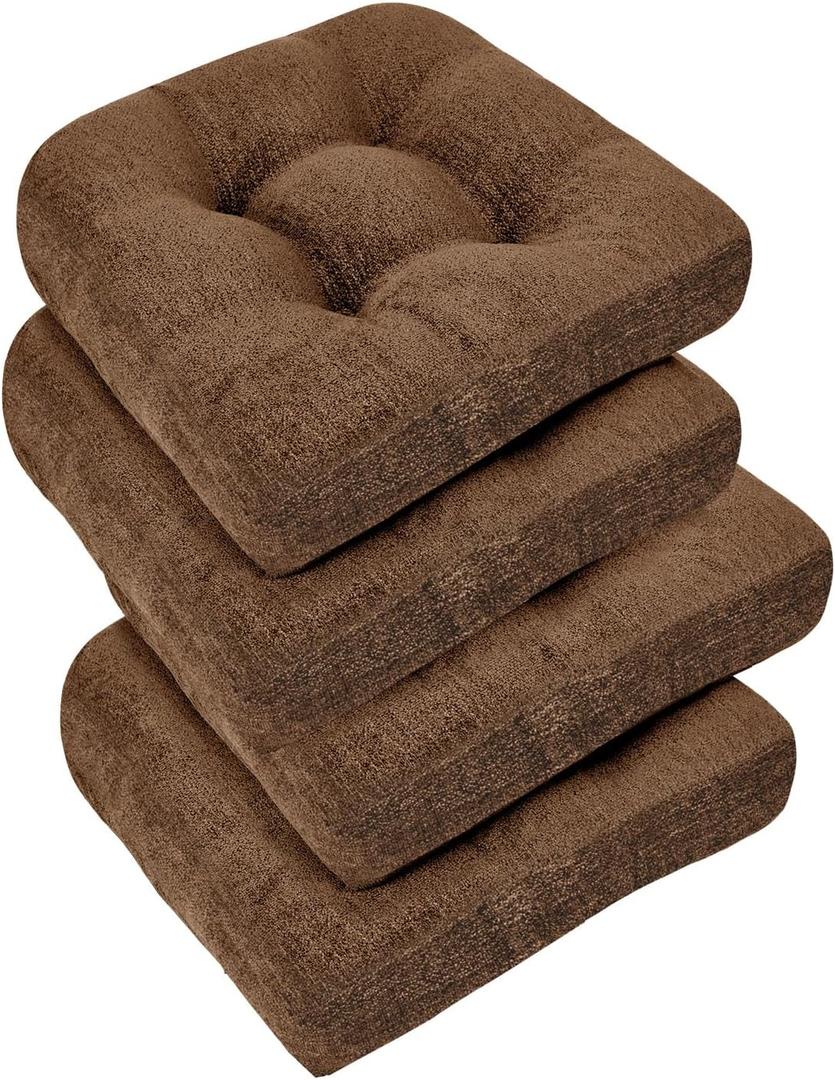 downluxe Chair Cushions for Dining Chairs 4 Pack, Tufted Indoor Chair Pads with Non-Slip Bottom, U-Shaped Kitchen Chair Cushions, 17"x17"x4", Brown