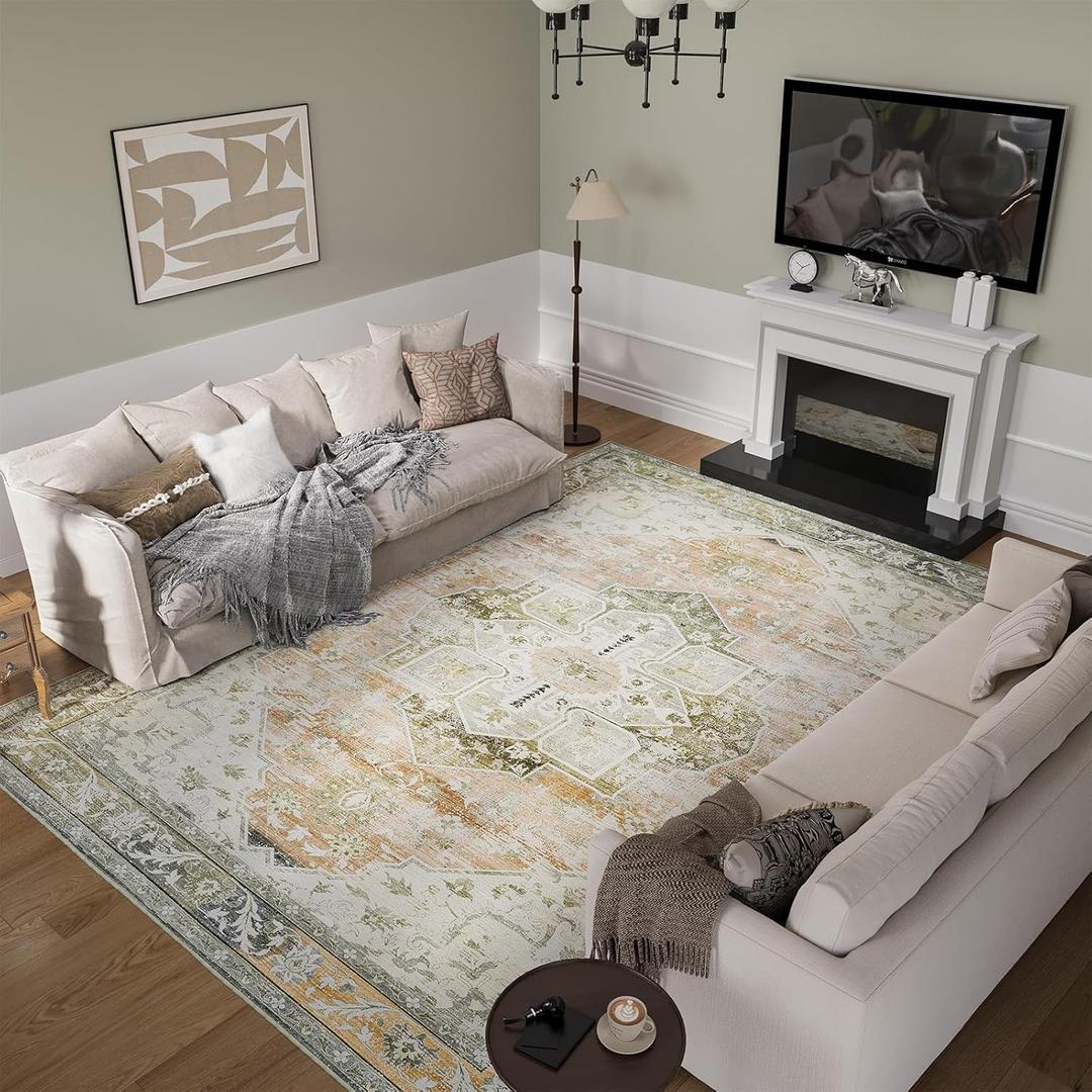 9x12 Feet Large Vintage Oriental Rug, Extra Heavyweight Low Pile Carpet | Massive Dense Flat Weave for Open Concept Living Room, Dining Room | Floor Safe Non-Slip, No Marks, Traditional Design (Orange)