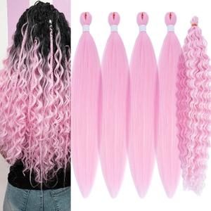 Light Pink Braiding Hair Pre Stretched with Ocean Wave Wavy Braiding Hair Pink Boho Hair Curly Synthetic Deep Ocean Wave Crochet Hair Extensions for Boho Braids Bohemian (5 Packs)