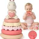 Moonkie Bunny Baby Stacking Toys | 7-Piece Silicone Rings for Teething Relief | Educational Toy for Infants & Toddlers 6 Months+ | Baby Shower or Birthday Gift for Girls