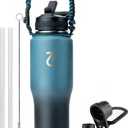 Trebo 32oz Insulated Water Bottle that Fits in Cup Holder, Stainless Steel Double Wall Tumbler Flask Bottles with Paracord Handle, with Straw Spout Lids, Keep Cold for 48 Hrs/Hot 24 Hrs,Indigo/Black
