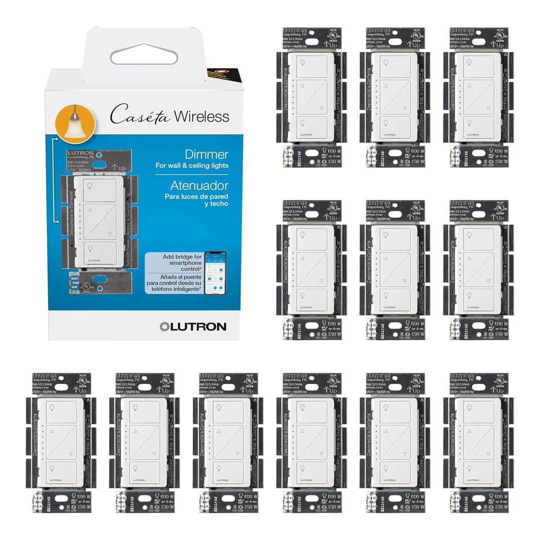 Lutron Caseta Original Smart Dimmer Switch (Lutron Smart Hub Required), for LED Lights, 150 Watt, Single-Pole/3-Way, No Neutral Required, PD-6WCL-WH, White, Pack of 11